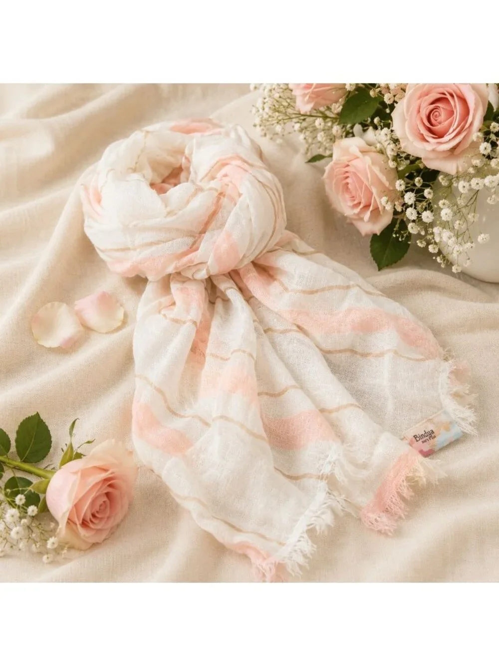 Bindya Linen Pink White Striped Lightweight Frayed Edge Scarf Wrap Shawl